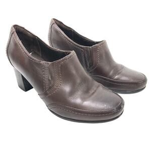 CLARKS Chocolate Brown Chunky Block High Heels Clogs Booties Leather Shoes 9 W
